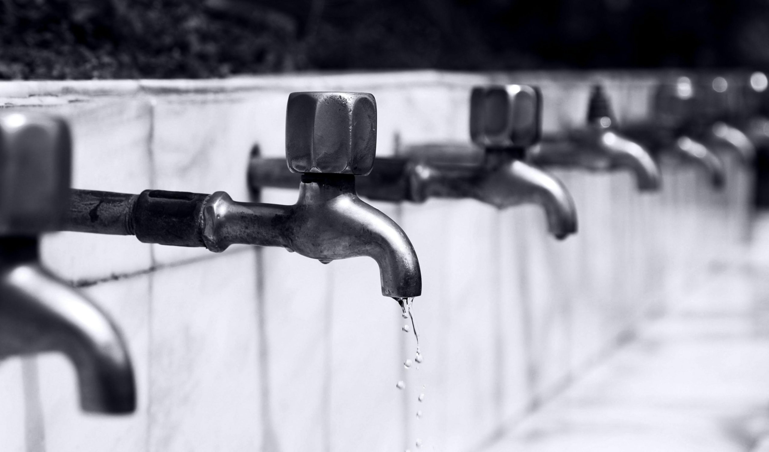 Black and white image of a row of faucets with water dripping, highlighting plumbing details.